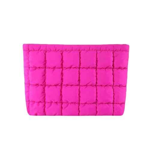 Soft Checkered Quilted Puffy Makeup Bag for Women, Aesthetic Puffer Cosmetic Bag Pouch for Purse (Hot Pink)