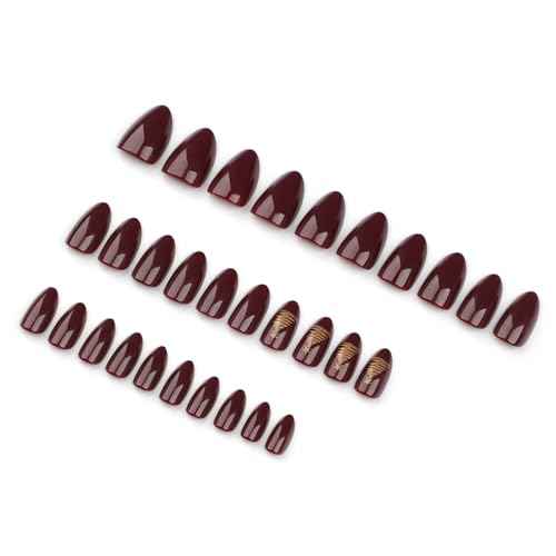 Red Press On Nails Almond Short Christmas Brown Red Fake Nails with Gold Tree Designs Fall False Nails Press Ons Glossy Full Cover Nail Tips Acrylic Artificial Glue Stick On Nails for Women 24PCS