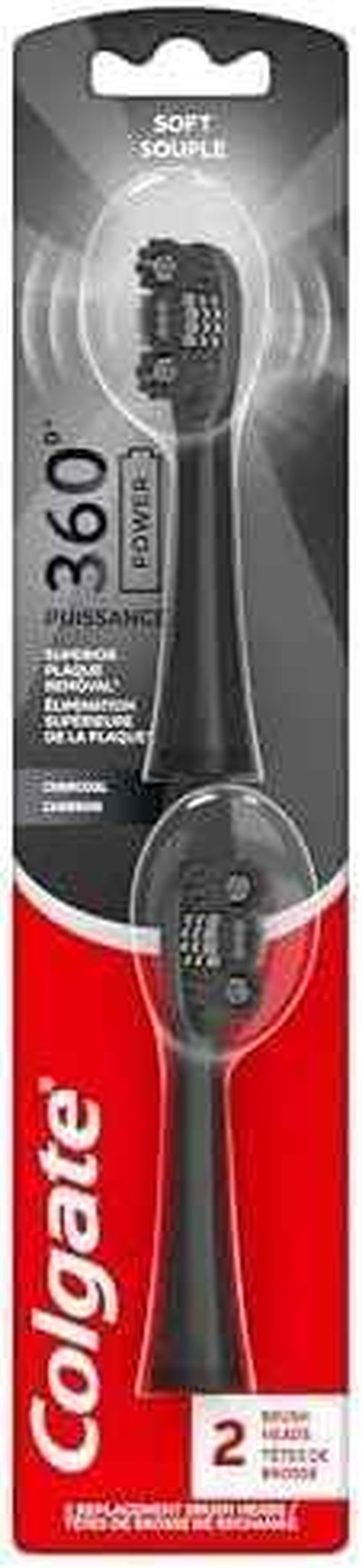 Colgate 360 Power Charcoal Toothbrush Heads | Soft Bristles | Rubber Polisher | For 360 Battery Toothbrush | Pack of 12