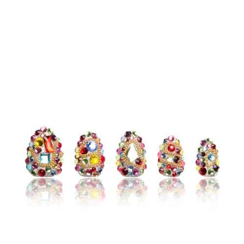 LOVFUL Press on Nails Precious | Handmade with Full Covered Crystals | Reusable Fake Nails | Almond Short 0.8 in | H175-M