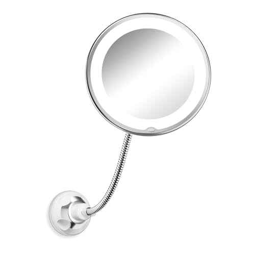 10x Magnifying Mirror with Light, Flexible Gooseneck Make up Mirror with Lights and Magnification, Battery Operated Cordless with Suction Cups for Wall Bathroom