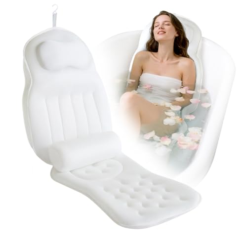 Full Body Bath Pillow for Bathtub,Thick Bathtub Cushion Soft 5D Mesh Spa Cushion,Luxury Tub Pillow with Laundry Bag for Headrest Neck and Back Support,Gift for Soaking (White)