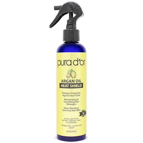 PURA D'OR 8 Oz Argan Oil Heat Shield Protectant Spray with Select Organic Ingredients, Protects Up To 450¨¬ F From Flat Iron & Hot Blow Dry, Leave-In, Define & Shine Dry & Damaged Hair