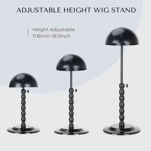 Wig Stand - Plastic Wig Stand 2 Packs Portable Foldable Wig Hat with Velvet Cover Holder Height Adjustable (12-18.8 Inches) Easy to Install Support Wig Display Stand (Black)