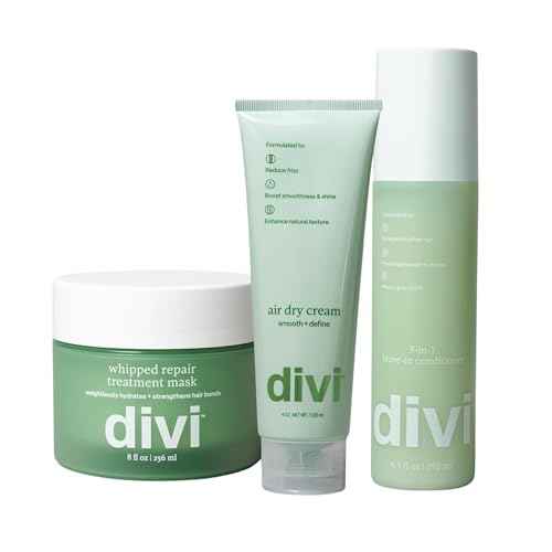 Divi Frizz Fighting Trio ? Includes Whipped Mask, Air Dry Cream & Leave-In Conditioner ? Deeply Hydrates, Smooths Frizz & Restores Shine for Soft, Healthy, Manageable Hair, 3 Piece Set