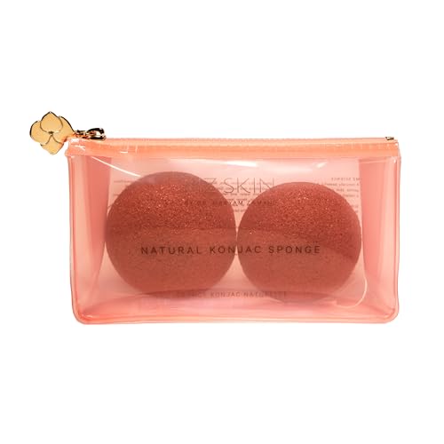 MZ Skin Natural Konjac Sponge Duo Pack of 2 ? French Red Clay Infused Facial Cleansing & Gentle Exfoliating Sponges, Removes Dirt & Makeup, Includes Jelly Travel Pouch
