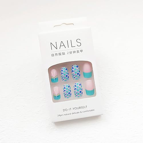 24pcs Square Press on Nails - Glossy Glue on Nails, Green French Tip Acrylic Nails with Butterfly Design False Nails for Women's Manicure