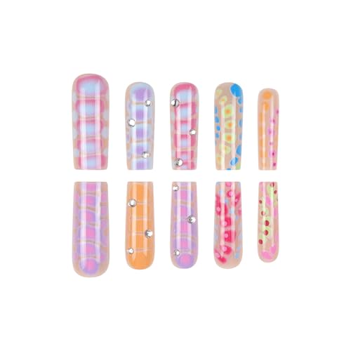 SINHOT Square Press on Nails - Long Fake Nails, Glossy Finish, Colorful Ombre & Crocodile Print, DIY Artificial False Nail Art - 24 Pcs Nail Kit with Glue