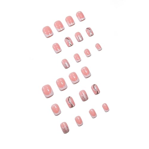 White French Tip Press on Nails Short Square Fake Nails Valentine False Nails with Cute Heart Designs Glue on Nails Nude Pink Full Cover Shiny Glitter Acrylic Stick on Nails for Women Manicure 24Pcs
