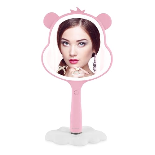 Impressions Vanity Care Bears Cheer LED Handheld Makeup Mirror for Desk, Lighted Travel Makeup Mirror with Detachable Standing Base, Ultra Bright Adjustable Lighting and Figural Shaped (Pink)