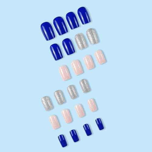 Christmas Short Square Press-On Nails - Blue Full Cover Glue-On With Silver Glitter Pink Snowflake Glossy Artificial Acrylic False Nails for Women Manicure - 24pcs