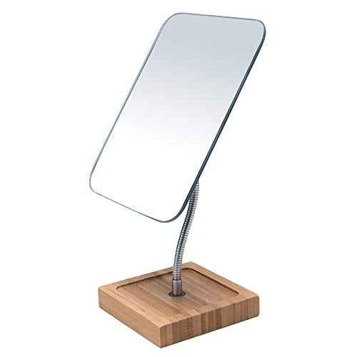 YEAKE Flexible Gooseneck Bamboo Vanity Makeup Mirror,360¡ÆRotation 8" Large Frameless, Folding Portable Table Desk Mirror with Stand for Bathroom Shaving Make Up, Rectangle