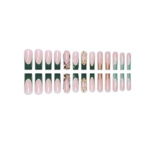 Nails Press on, Long Square Press on Nails Green French Tip Fake Nails with Glod Butterfly Charm Diamond Sparkling Design, Acrylic Artificial False Nails Press Ons Stick On Nails for Women