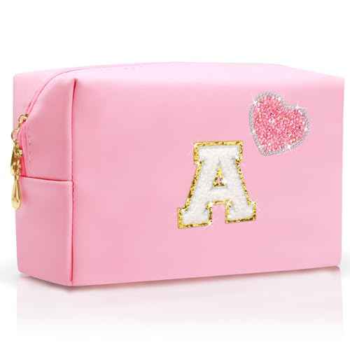Personalized Initial Makeup Bag with Bling Heart Preppy Cosmetic Bag Cute Toiletry Travel Bag For Teen Girls Women Letter Makeup Pouch Purse for Holiday Birthday Christmas Gifts (A, Pink)