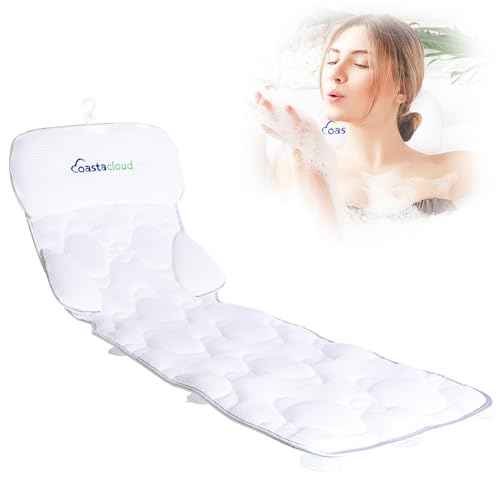 Coastacloud Full Body Bath Pillow for Bathtub, Luxury Bathtub Pillow with Suction Cups, 4D Breathable Mesh Spa Cushion for Headrest, Neck and Back Support, Quick Drying Polyester, White, 49" x 16"