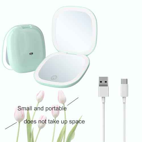 Makeup Mirror with Lights - Dual-Sided Green LED Pocket Mirror, 1X/5X Magnifying Travel Mirror, 3 Light Modes, Rechargeable Handheld Mirror for On-The-Go Makeup, Grooming, and Gifts