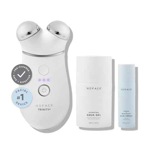 NuFACE TRINITY+ Microcurrent Facial Device Kit - FDA Cleared Face Sculpting & Neck Tightening Device to Contour Cheeks & Brows + Microcurrent Gel Activator & Silk Creme