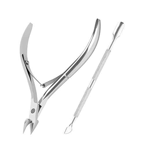 Metal Nail Cuticle Trimmer with Cuticle Pusher and Cutter, 2 PCS Professional Cuticle Remover Tool Kit, Cuticle Cutter Set, Cuticle Nippers, Cuticle Clippers for Women, Manicure Pedicure Tool