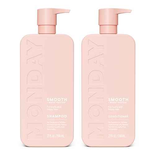 MONDAY HAIRCARE Smooth Shampoo + Conditioner Bathroom Set (2 Count) 27 oz Each For Frizzy, Coarse & Curly Hair Made with Coconut Oil, Shea Butter & Vitamin E 100% Recyclable Bottle Pink