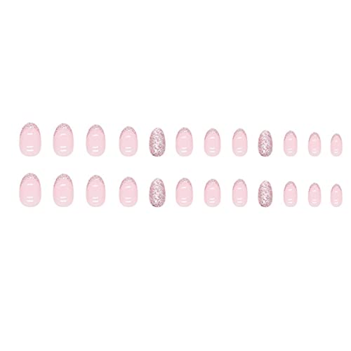 Short Almond False Nails French Press on Nails Bling Fake Nails Acrylic Glossy Cute Nails Tips for Women and Girls 24PCS
