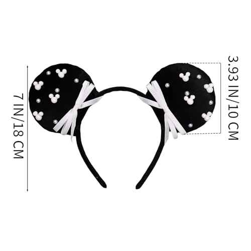 3D Black Mouse Ears Headband with Beads Pearls, Satin Bow Hairband Fashion Photogrphy Prop for Women Girls