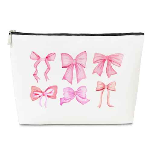 JioJio Chan Pink Bow Coquette Makeup Bag, Funky Pouch Gift for Teen Girls Women, Trendy Preppy PU Leather Cosmetic Bag, Cute Preppy Stuff, Birthday Gifts for Sister, Teen, Daughter, Bff, Friend