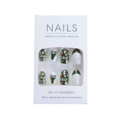 Christmas Green French Tip Press on Nails Short Almond Fake Nails with Snowflake Christmas Tree Sparkly Design Cute Stick on Nails Glue on Nails Glossy Acrylic Nails False Nails for Women 24Pcs