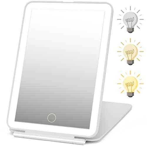 Rechargeable Travel Makeup Mirror 72 LED Lighted Compact Slim Vanity with Lights 3 Lighting Modes Dimmable Touch Screen (White),(DenCert)