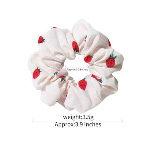 Chiffon Scrunchies for Hair - 2Pcs Pink White Strawberries Print Satin Hair Scrunchies for Thick Curly Hair Ties Large Hair Elastic Bands Ponytail Holder Summer Hair Accessories for Women Girls Gifts