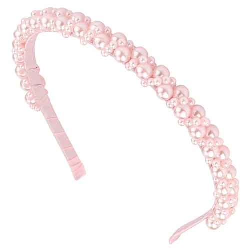 Pink Pearl Headbands for Women Girls, Cute Beads Headband with Faux Pearl for Wedding Bride, Fashion Beaded Bling Hairbands Hair Hoop Accessories for Birthday