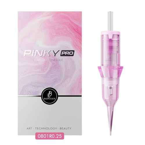 BIOMASER PINKY Pro Tattoo Cartridge Needles, 1RL 0.25mm Round Liner, 20 count Professional Disposable Single Needle Cartridges with Membrane for Tattooing Permanent Eyebwow,lip,Hair Scalp(0801RL)