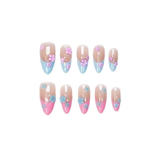 Pink Blue French Tip Press On Nails Flower Medium Almond-3D Floral Handmade Nude-Salon Gel Acrylic Full Set 10pcs Reusable(Floral Fantasy, Size S)