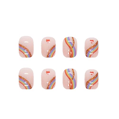 Square Press on Nails Nude Fake Nails Short Acrylic Full Cover Almond False Rainbow Nails for Women and Girls 24PCS