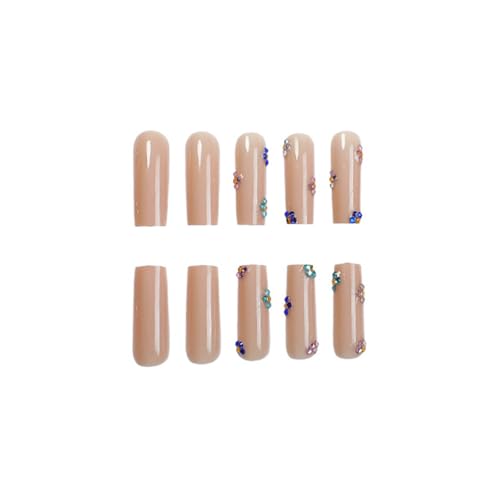 SINHOT Square Press on Nails Long - Colorful Rhinestones Flowers Fake Nails Glossy Glue on Nails Nude Natural Acrylic Nail Squoval Artificial Nail Stick on False Nail with Design 24pcs