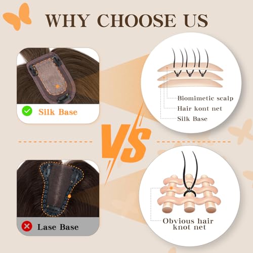 Human Hair Toppers for Women, 150% Density Hair Topper with Bang, No Tangle & Smooth, Upgrade 7x13cm Silk Base, 10 Inch #02 Dark Brown
