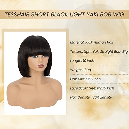 10 Inch Light YAKI Short Bob Wig Human Hair with Bangs, Black Blunt Cut Bob Wig Straight Glueless Headband Wigs for Women, Realistic Large Lace Scalp 180% Density 100% Human Hair