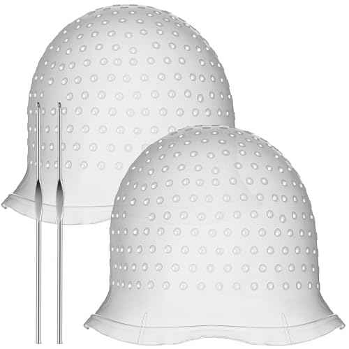 2 Pcs Hair Coloring Highlighting Cap Reusable Silicone Highlight Cap Pull Through Caps for Hair Coloring Frosting Cap with Hook Hair Dye Cap with Holes Hair Salon Tools Hairdressing Highlighting Kit