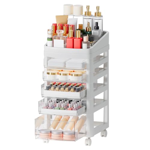 5 Tier Floor Makeup Organizer Storage with Detachable Compartments, Organized Arrangement, Transparent Standing Makeup Organizer, Makeup Storage Cart, No Complex Assembly
