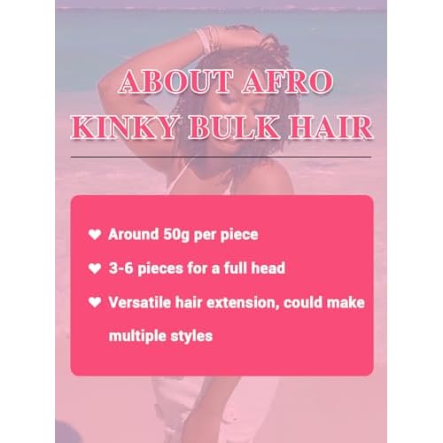 REBECCA FASHION Afro Kinky Bulk Human Hair 50g/Pack Braiding Hair for Dreadlock Extensions, Loc Repair, Afro Kinky Curly Human Hair Bulk for Twist 20 Inch Natural Black Color