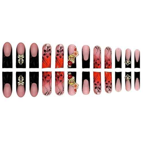 24Pcs Red French Tip Fake Nails Long Square Press on Nails pink Full Cover Glue on Nails with 3D Flower and Rhinestones Designs False Nails Gold Metallic Heart Acrylic Nails for Women