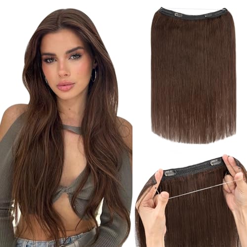 Hairro Wire Hair Extensions Human Hair, Fish Line Invisible Adjustable & Clips in Extensions Straight, 100% Real Hairpieces Seamless Blending for Women, 16 Inch 80g Dark Brown