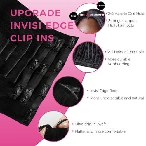 Lashey Invisi Edge Clip in Hair Extensions, 7pcs 110g Silky Straight Seamless Clip in Hair Extensions Human Hair 14 Inch Natural Black Hair with Invisible Soft Weft