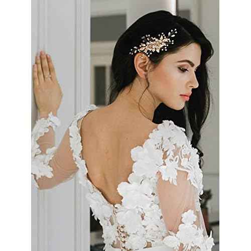 SWEETV Flower Bride Wedding Hair Comb Pearl Bridal Crystal Leaf Gold Headpiece Rhinestones Handmade Jewelry for Women and Girls