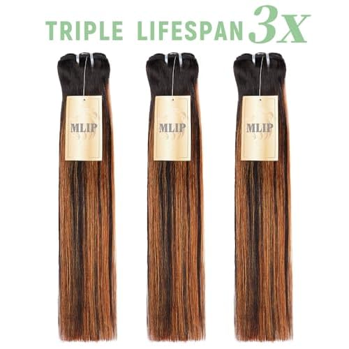 mlip Raw Bundles Human Hair Straight, No Tangle Shedding, Keep Texture Silky Soft After Multiple Washes, 15A Raw Indian Hair Bundles 16 Inches, Brown Highlight Bundles