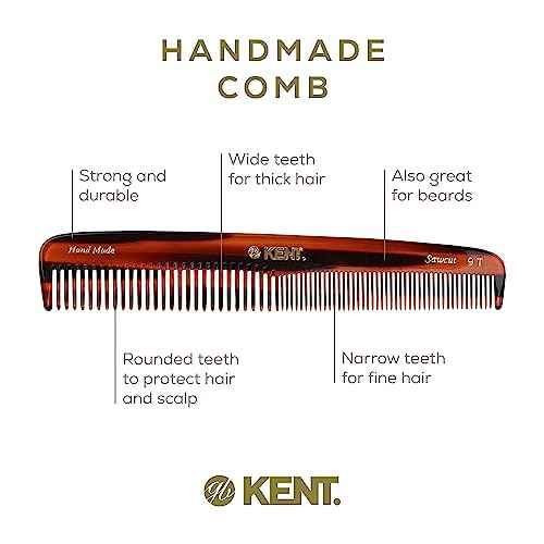 Kent 9T Tortoiseshell Fine Tooth and Wide Tooth Comb - Large Handmade and Saw-Cut Fine Hair Dressing Comb - Wet Hair Detangler Combs for Women and Durable Grooming Made in England