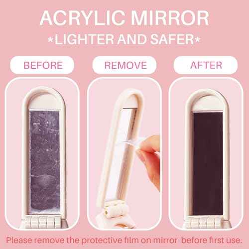 RHOS Folding Brush with Mirror for Women, Girls - Mini Hair Brush for Purse, Small Pocket Brush with Soft Nylon Bristles and Mirror for Travel (Beige)