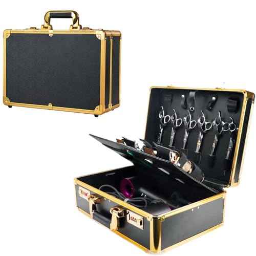 Barber Accessories Case,Barber Briefcase Tool Case,Barber Carrying Cases for Clippers and Supplies,Double Layer Large Barbers Box Travel Organizer, Barber Suitcase Gold