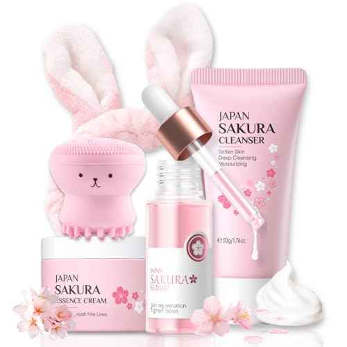 Skincare Set Sakura Teen Girls Gifts - Skin Care Set - Skincare for Teens 10-12 Hydrating - Travel Size Facial Kit for Women with Cleanser,Serum,Cream,Bunny Headband,Cleansing Brush£¨5pcs£©