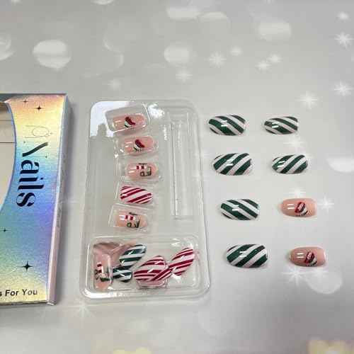 Christmas Press on Nails Short Oval Fake Nail With Christmas Hat Designs Red Green Stripe Full Cover False Nails Xmas Glue on Nail Acrylic Winter Artificial Stick on Nail for Women 24 Pcs