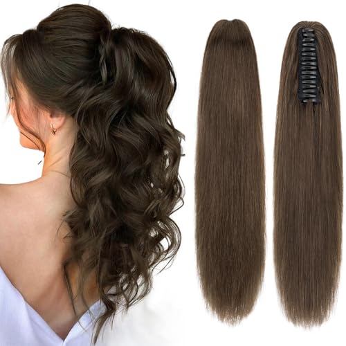 Claw Clip In Ponytail Extension, 100% Human Hair Ponytail Extension, No Tangle & Smooth, 105g, 16 Inch #Dark Brown